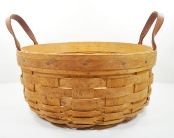 Longaberger Dresden Ohio Signed Dated 1996 Darning Basket Hand Crafted Maplewood Round Shape Leather Handles 10 Inch Width 4 Inch Height