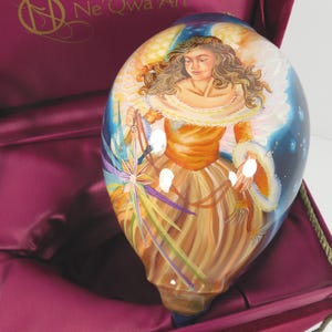 Ne Qwa Art The Light Of The World Artist Dona Gelsinger Ornament Tear Drop Shape Glass Reverse Painted Cobalt Blue Angel Velvet Storage Box