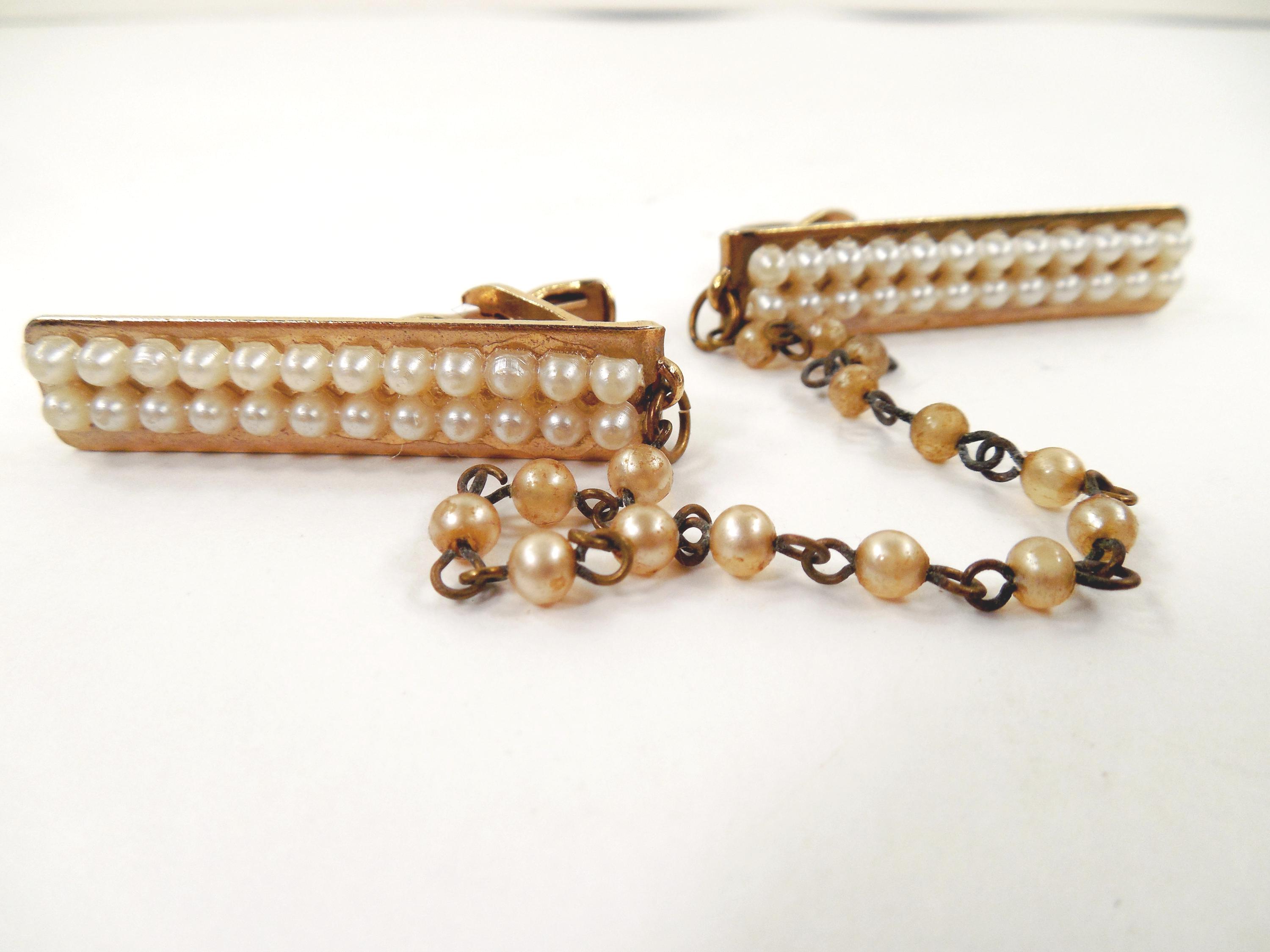 Mid Century 50's 60's Sweater Cardigan Clips Guards Gold Tone Metal Alligator Clips Faux Pearl Double Row Design 5 Inch Link Pearl Chain