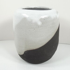 Artist Signed Raku Pottery Vase Hand Thrown Black Pottery White And Gray Drip Glaze Minimalistic Japanese Chinese Chinoiserie Asian Oriental
