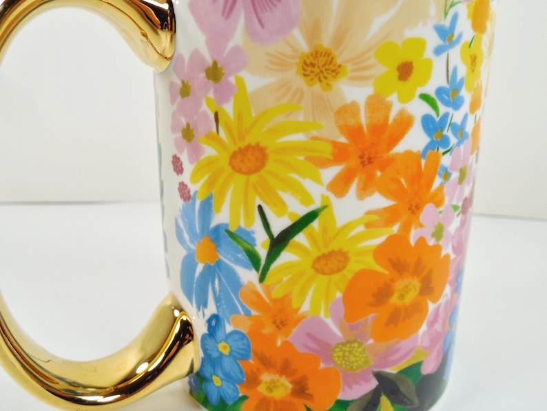 Anthropologie Rifle Paper Co. Marguerite Porcelain Floral Coffee Mug Colorful Multicolor Assorted Flowers Gold Metallic Handle And Trim image 9