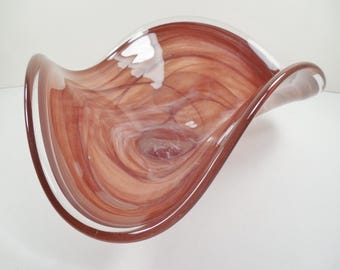 Murano Style Brown White Swirl Free Form Wave Triangular Shape Art Glass Bowl Hand Crafted Chocolate Brown And White Swirls 10 Inch Width