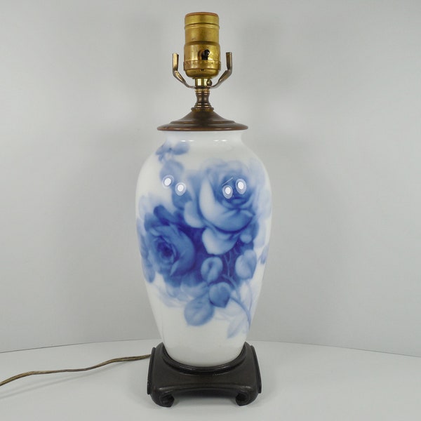 Flow Blue Fukagawa Cobalt Blue Rose Flowers Design Porcelain Table Lamp Ginger Jar Footed Wood Base Japanese Chinese Chinoiserie Oriental