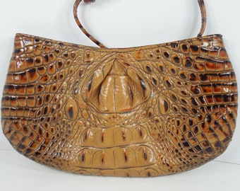 Brahmin Brown Camel Tan Embossed Alligator Gator Croc Leather Bag Wristlet Clutch Purse Handbag Cresent Shape Zippered Top Wristlet Strap