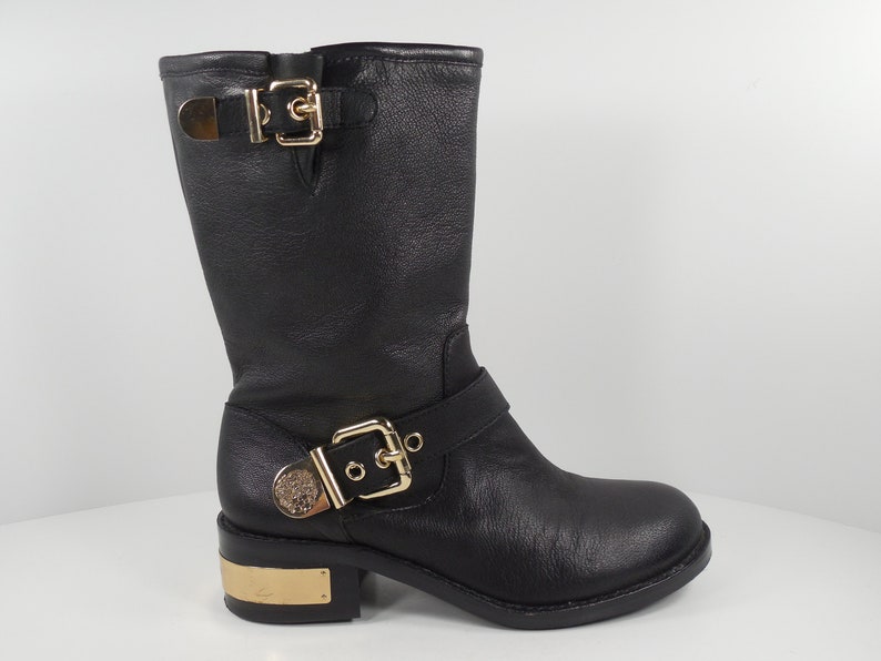 Vince Camuto Winchell Moto Mid Calf Black Leather Boots Size 6 Gold ...