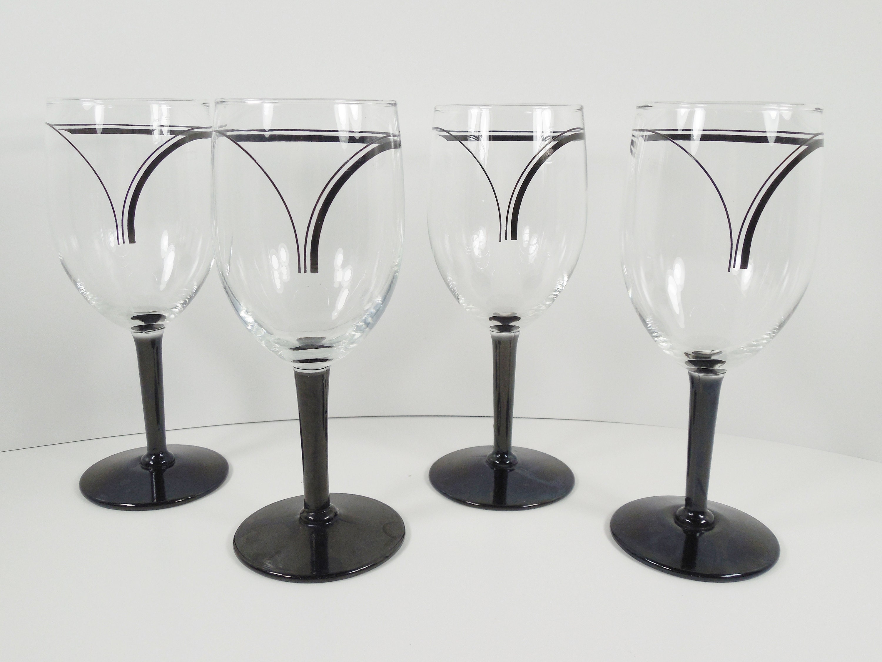 Art Deco Inspired Black Stemmed Wine Glasses Set Of Eight 8 Etsy