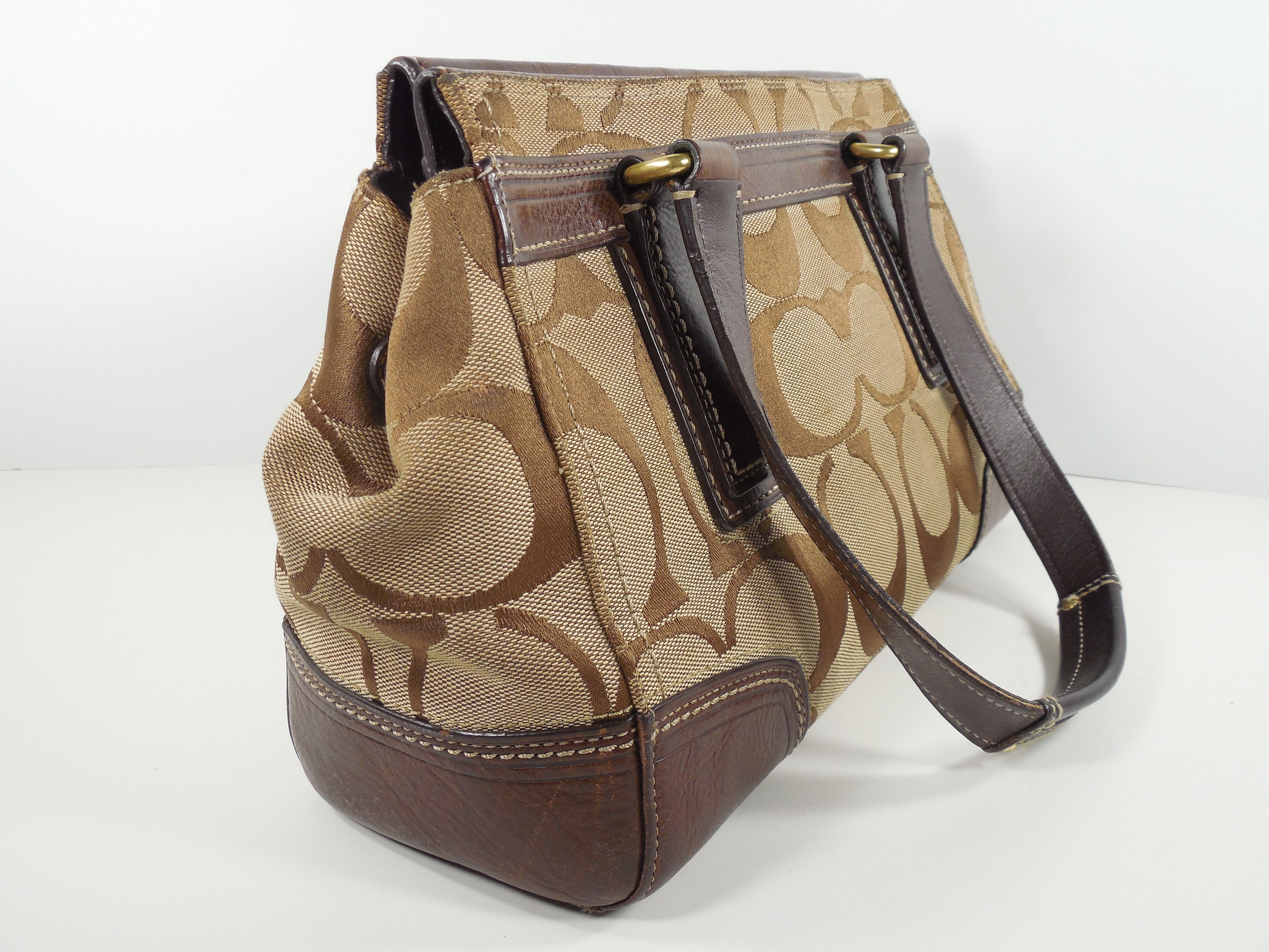 Coach Brown Leather Signature Canvas Hamptons Bag Purse Handbag