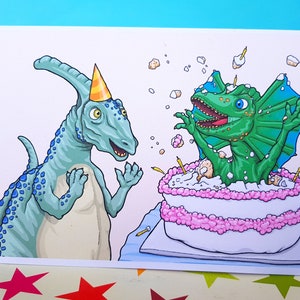 Tarjeta de cumpleaños de dinosaurio / Dinosaurio de dibujos animados / Tarjeta de felicitación hecha a mano / Animales divertidos