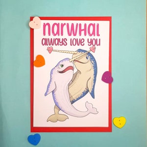 Valentines card | Cartoon Narwhal | Anniversary Card | Handmade greetings card