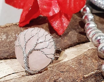 inner healing fertility Rose quartz large moon wrapped Tree of Life necklace silver finish wire Love peace