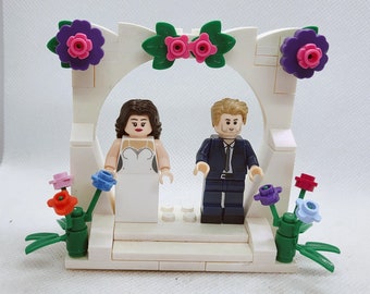 Custom 4 flower personalised wedding cake topper spring outdoor summer Build / built WHITE brick heart lgbtqia2s+ bride groom arch
