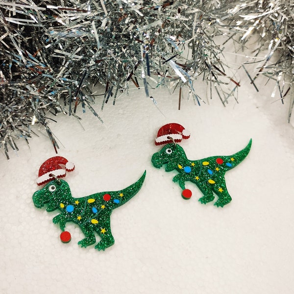 Neuheit Acryl Dinosaurier T-Rex Weihnachten Ohrringe Spaß Geschenk festliche Dekoration Vater Weihnachten Weihnachtsmann einzigartig groß Spaß Witz Lehrer