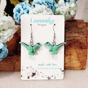 Novelty brick style dinosaur Jurassic t-rex earrings fun jewellery gift festive decoration small  green