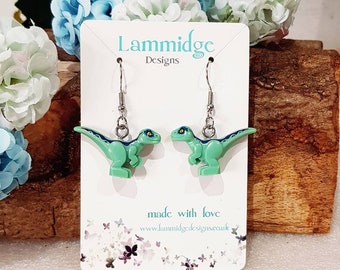 Novelty brick style dinosaur Jurassic t-rex earrings fun jewellery gift festive decoration small  green