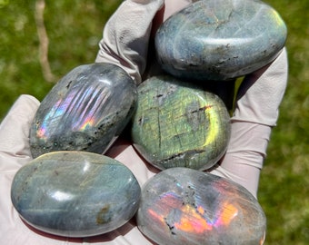 Electric Neon Rainbow Labradorite Palm Stones - Protecting Crystals - Mermaid Gallet Rocks for Mindfulness & Protection