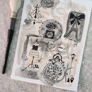 Acquarello shabby chic, Parigi, Vintage, Chanel, Paris, vecchio stile, arte da parete, decorazione murales, moda