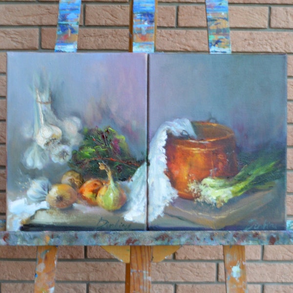 Kitchen set painting original canvas oil still life Impressionist art by Gita Dinbire vegetable colorful bright wall decor handmade artwork