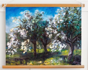 Origineel olieverfschilderij bloesemboom, lentelandschap impressionistische muurkunst door Anita Berina