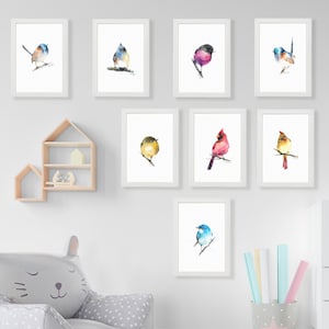 Elección de 8 estampados de pájaros con marco de pintura original con acuarelas Cardinal Robin Sparrow Regalo australiano estadounidense de Daiga Dimza
