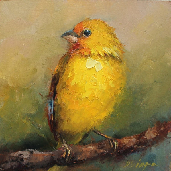 Original Custom oil painting of Yellow Saffron Finch bird on cardboard by Daiga Dimza Handmade gift for her Miniature artwork