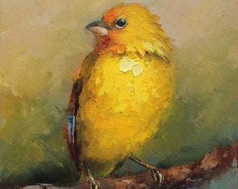 Original Custom oil painting of Yellow Saffron Finch bird on cardboard by Daiga Dimza Handmade gift for her Miniature artwork