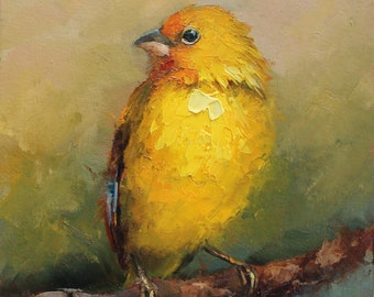 Peinture à l'huile personnalisée originale d'oiseau roselin safran jaune sur carton par Daiga Dimza Cadeau fait main pour son oeuvre d'art miniature