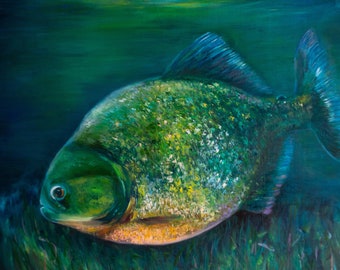 Großes Piranha Ölgemälde, bunte Unterwasser-Impressionist-Kunst gerollt Versand von Inga Ledina