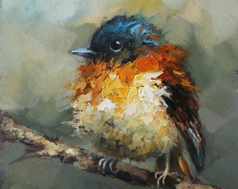 Original CUSTOM Orange black Flycatcher bird oil painting by Daiga Dimza bright colorful abstract art artwork modern gift Miniature