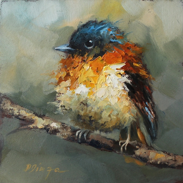 Peinture à l'huile originale d'oiseau de moucherolle noir orange personnalisé par Daiga Dimza cadeau moderne d'oeuvre d'art abstrait coloré lumineux Miniature