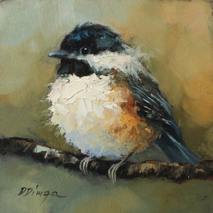 Pintura al óleo original de pájaro carbonero personalizada de Daiga Dimza, obra de arte abstracto colorida y brillante, regalo moderno en miniatura para colgar en el hogar