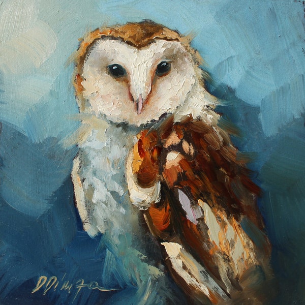 Owl bird oil original painting on cardboard Texture Art by Daiga Dimza Wall art fine gift for her Miniature artwork