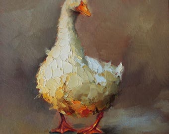 Goose Oil Painting by Daiga Dimza, Small Bird Art on cardboard, Textured Palette Knife Original Rustic Wall Decor, Miniature Artwork