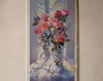 Original Floral Oil Painting on Linen Canvas, Romantic Rose Bouquet, Contemporary Impressionist Artwork, 40x80 cm, Gita Dinbire