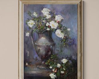 Original Oil Painting: White Blossoms in Antique Vase, Impressionist Floral Still Life, 50x70 cm by Gita Dinbire
