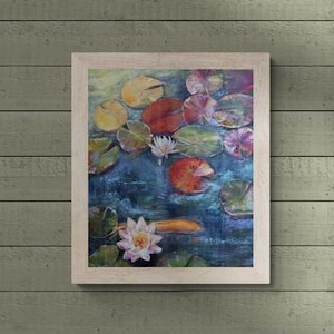 Teich Original Gemälde Seerose Blätter Wasser Reflexion Öl Leinwand von Inga Ledina Impressionist Kunst handgemacht elegant Badezimmer Dekor Geschenk