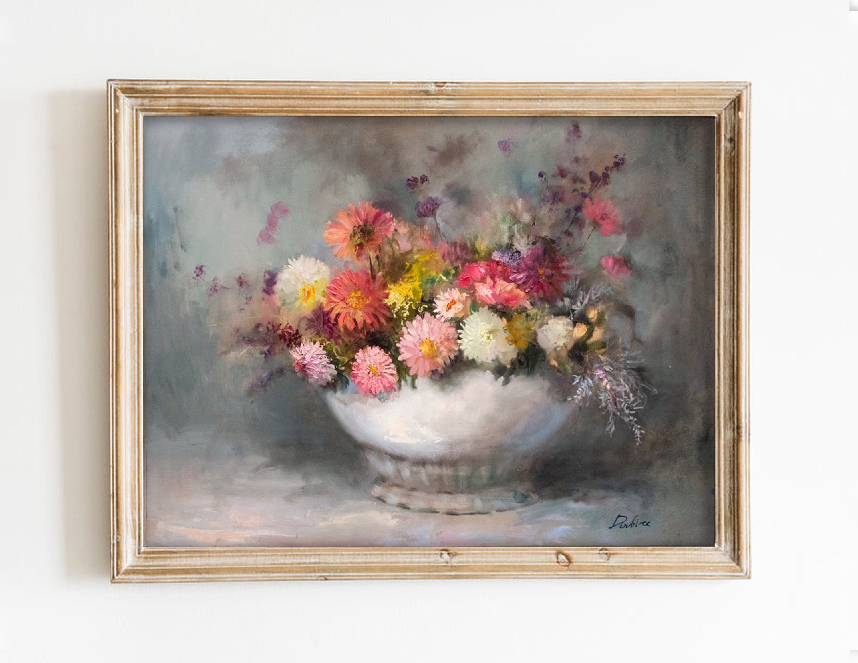 大型 油彩画 花瓶の花 インテリア 大きな油絵 オリジナルフラワー アスター 花瓶 静物画 ブーケ 壁