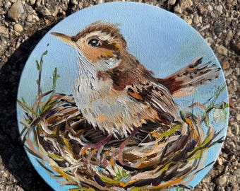 Sparrowbird bird in nest Original oil painting bright  textured small round Canvas Art Wall decor by Elina Birzkalne