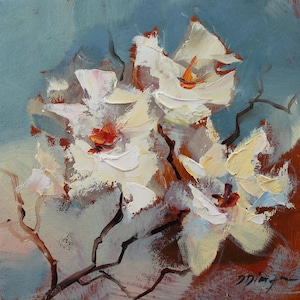 Pintura al óleo original de Magnolias de Daiga Dimza sobre cartón, flor floreciente, arte impresionista floral, obra de arte de la naturaleza, regalo para ella.