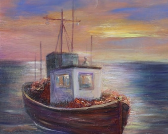 Original Oil Painting Fishing Boat Seascape, Impressionist Nautical Wall Art Coastal Decor by Inga Ledina