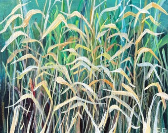 Abstract reed grass original oil painting Green botanical wall art Sage green decor by Elina Birzkalne