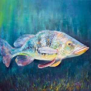 Bass Fish Painting Original Canvas oil Underwater Colorful Bright Texture Impressionist art by Inga Ledina handmade surprise gift for men