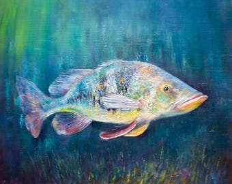 水中の魚。オリジナルアート。キャンバスに油彩。インパスト画
