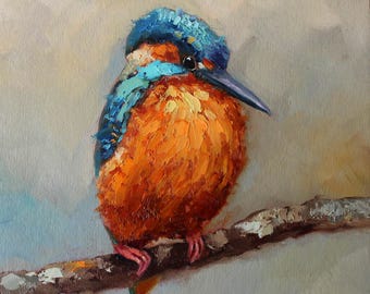 Kingfisher bird original oil painting by Daiga Dimza bright colorful abstract art artwork home hanging miniature small modern gift Textured
