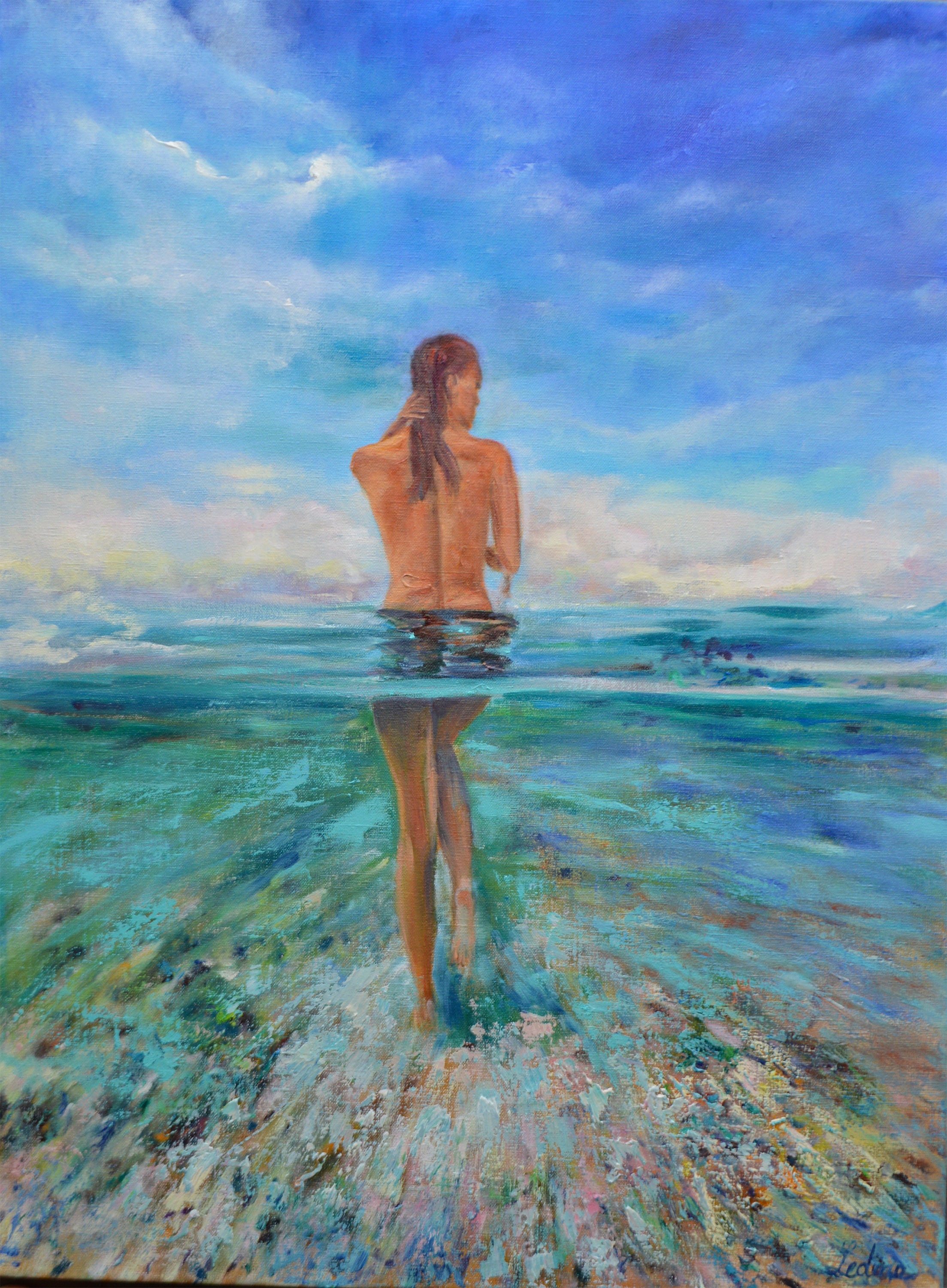 Woman Swim Painting Canvas Original Naked Model Sea Beach photo