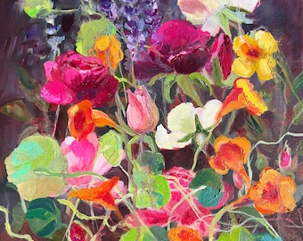 Botanical artwork Nasturtiums roses and lavanda original flowers painting impressionist art canvas by Elina Birzkalne gift for her
