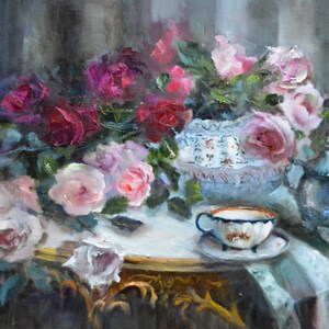 Pintura de rosas, lienzo original al óleo, bodegón floral, flores, arte impresionista, obra de arte vintage, decoración de pared de tocador de Gita Dinbire