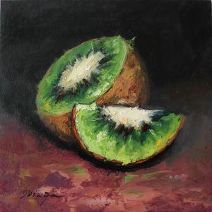 Pintura original a óleo de kiwi sobre papelão Textura Art by Daiga Dimza horta Arte de parede presente para ela Arte em miniatura