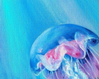 クラゲの絵画 オリジナル油絵 海洋生物の絵画 ブルーキャンバス 深海