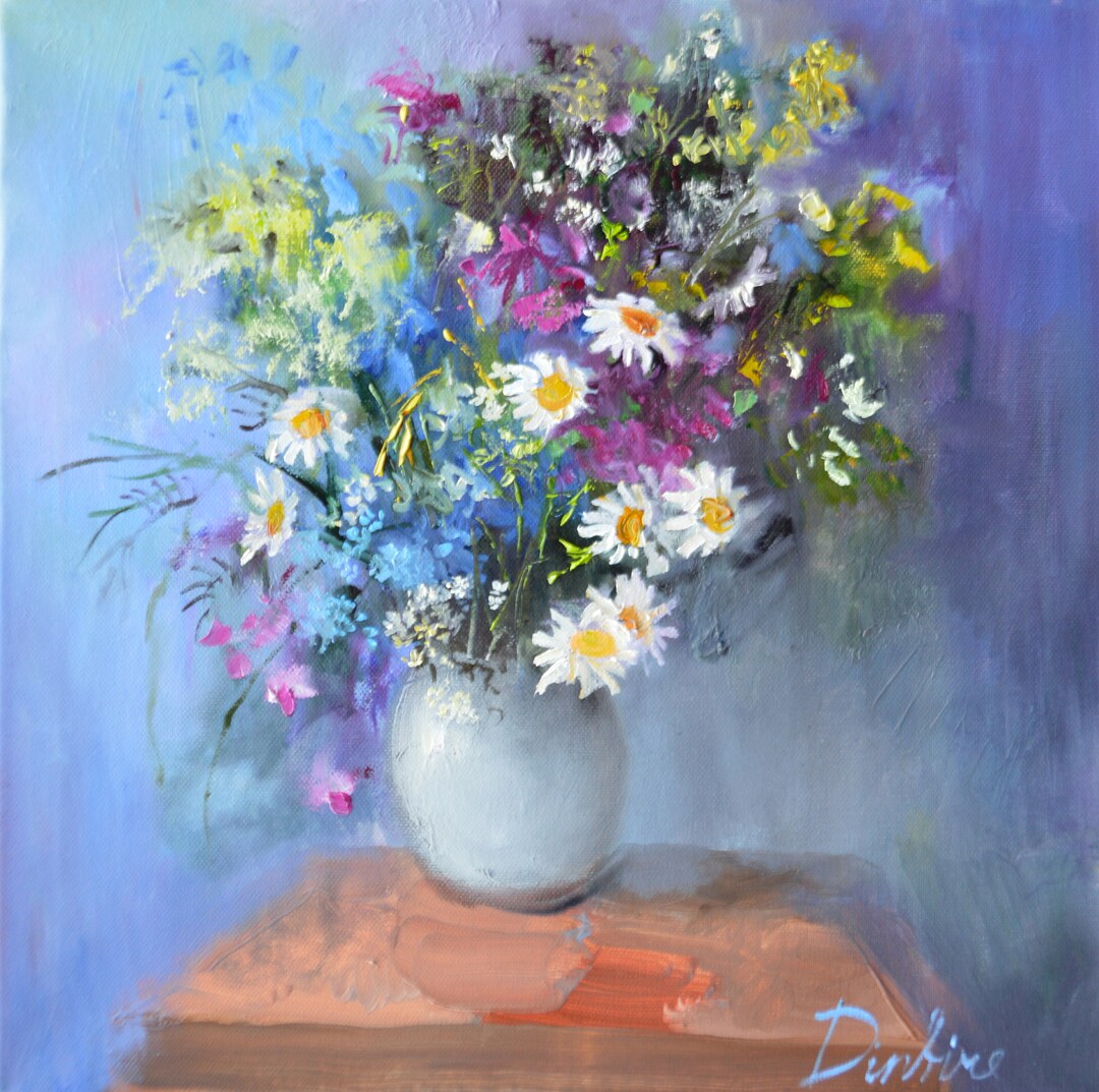 絵画 Oil painting of beautiful flowers. Wildflower Oil Painting on Canvas, Colorful Floral Art, 15.75