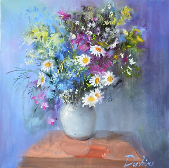 Wildflower Oil Painting on Canvas, Colorful Floral Art, 15.75